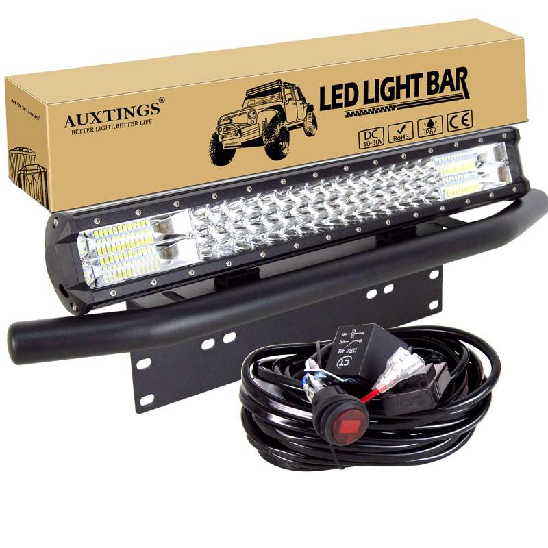 AUXTINGS 50 cm 20 Zoll 288W Dreifachreihe LED Arbeitslicht Bar Spot Flood Combo mit Kabelbaum Kit, Kennzeichen Montagehalterung für Lkw Auto ATV SUV 4x4 JP Truck Boat, 12V 24V wasserdicht von AUXTINGS