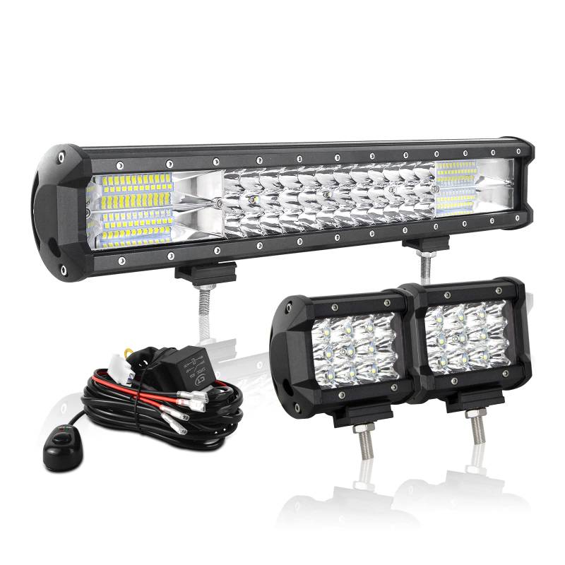 AUXTINGS 45 cm 252W LED Lichtleiste Spot Zusatzscheinwerfer Flutlicht+ 2x 10cm 36W Spot LED Arbeitsleuchte mit 2 Kabeln 12V Kabelbaum-Kit für JP Pickup Offroad Truck 4X4 ATV Bootsanhänger,wasserdicht von AUXTINGS