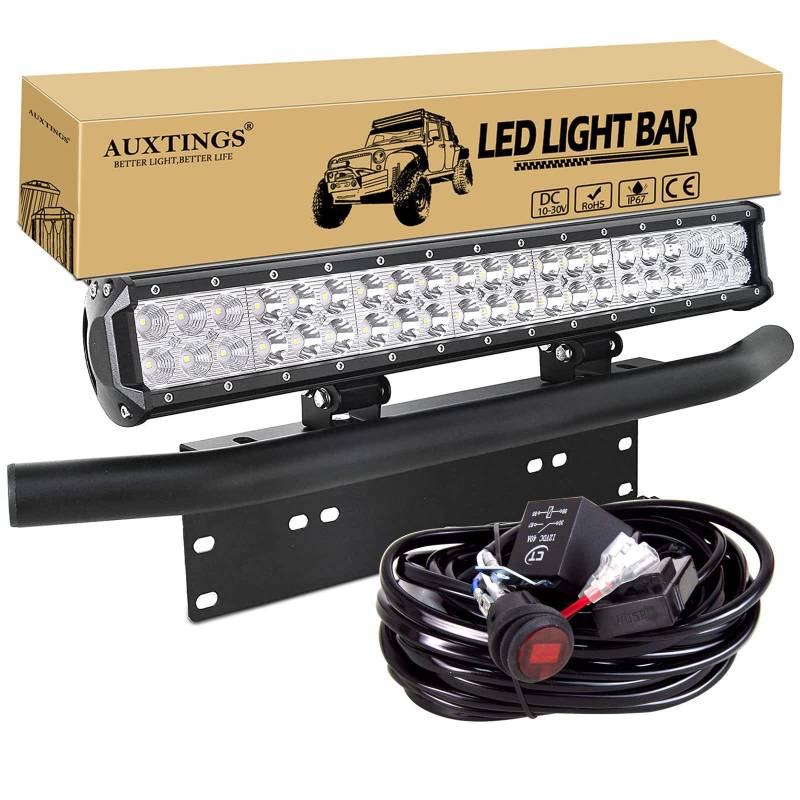 AUXTINGS 50cm 20 Zoll 126W LED Arbeitslicht Stangen Fleck Flut Strahl mit Kabelbaum Kit KennzeichenMontagehalterung für LKW-Auto ATV SUV 4x4 JP Truck Boat Traktor von AUXTINGS