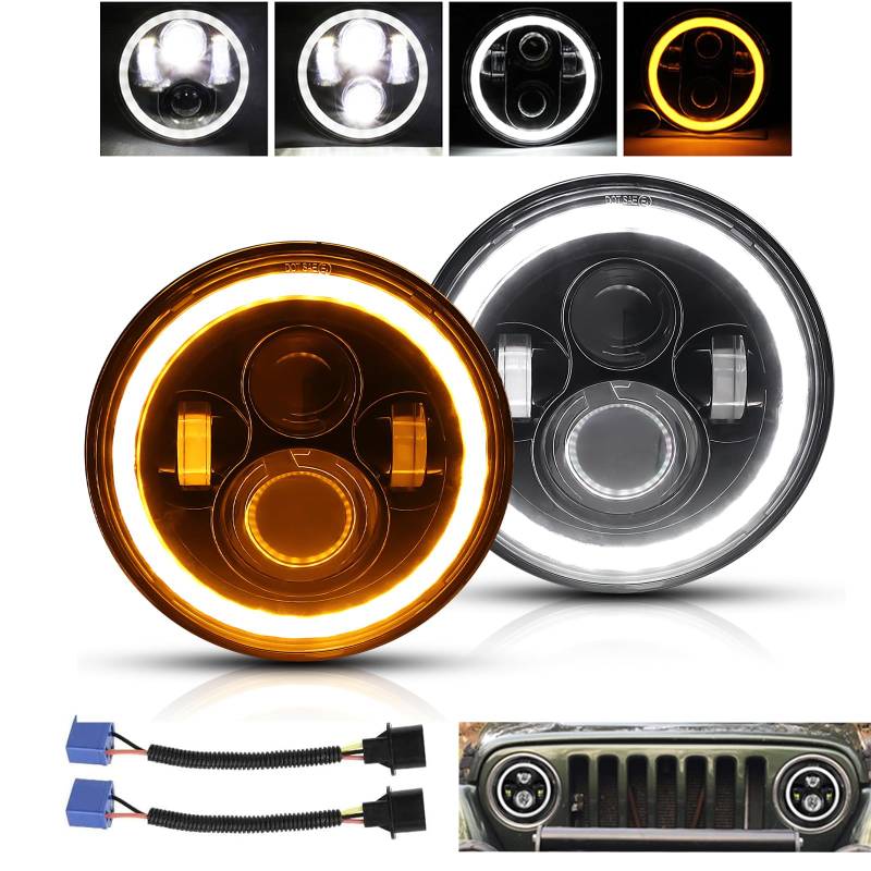 AUXTINGS 7 Zoll LED Scheinwerfer, 2x 18 cm Halo LED Scheinwerfer, Fern/Abblendlicht, DRL, bernsteinfarbenes Blinklicht, kompatibel mit JP Wrangler JK TJ CJ, kompatibel mit Chevy und Miata von AUXTINGS