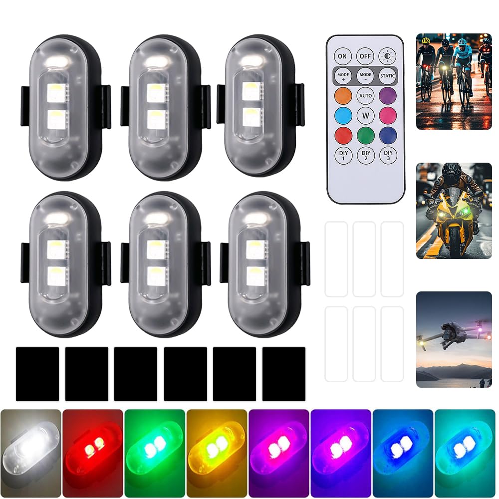 AVCXEC 6 Stück Kabellose LED Lichter Auto, 8 Farben Strobe Drone Light, Wasserdicht Auto Fernbedienung Blitzlicht mit Fernbedienung, USB-Aufladung Antikollisionslichter, LED Aircraft Strobe Lights von AVCXEC