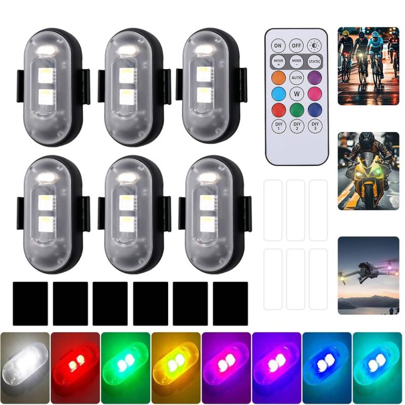 AVCXEC 6 Stück Kabellose LED Lichter Auto, 8 Farben Strobe Drone Light, Wasserdicht Auto Fernbedienung Blitzlicht mit Fernbedienung, USB-Aufladung Antikollisionslichter, LED Aircraft Strobe Lights von AVCXEC