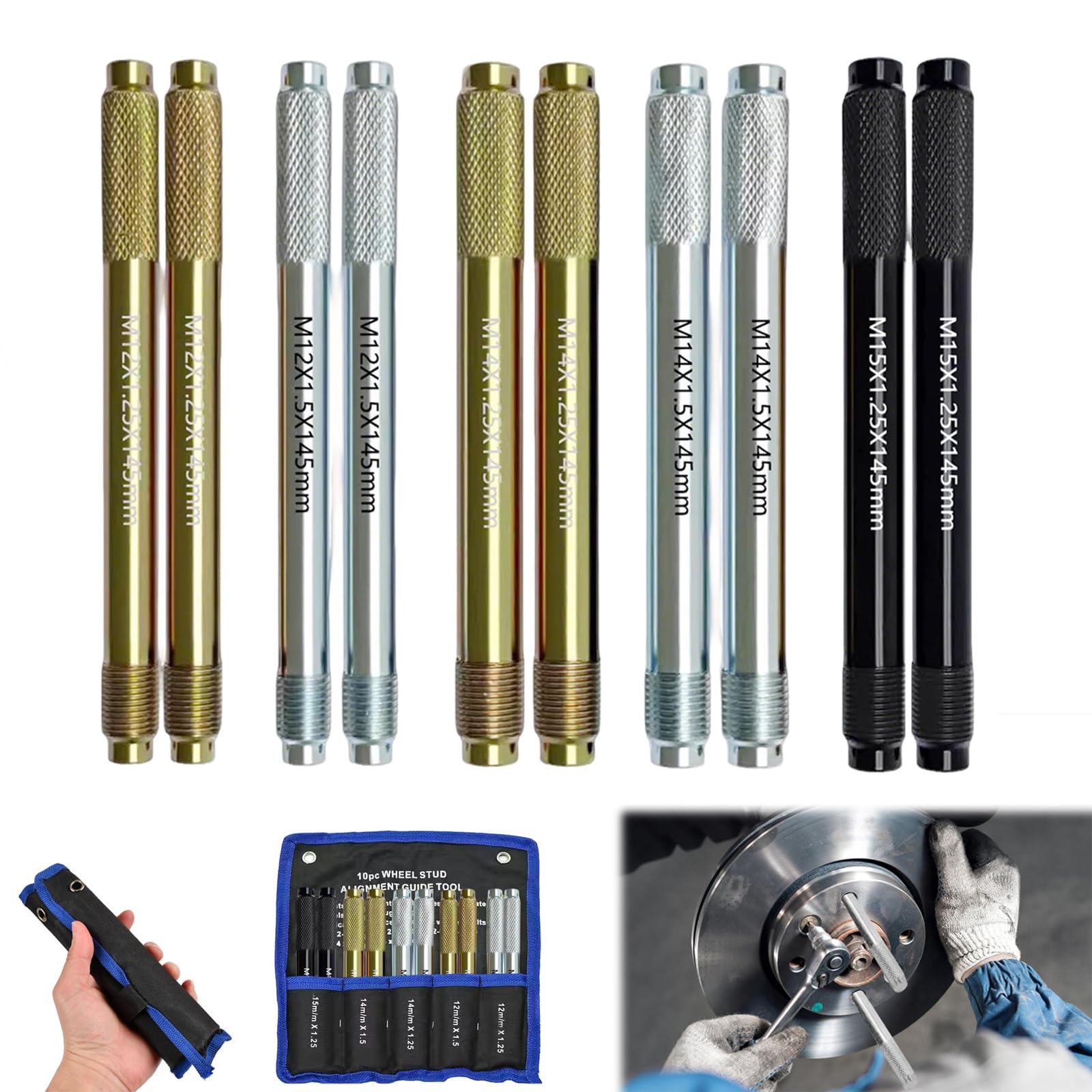 AYYDS 8/10 PCS Radmontagehilfe Edelstahl Reifen Montagehilfe Autoreifen Fixierbolzen Satz Radmontagewerkzeug M14 x1.5, M14x1.25, M12x1.5, M12x1.25 (10 Stück) von AYYDS