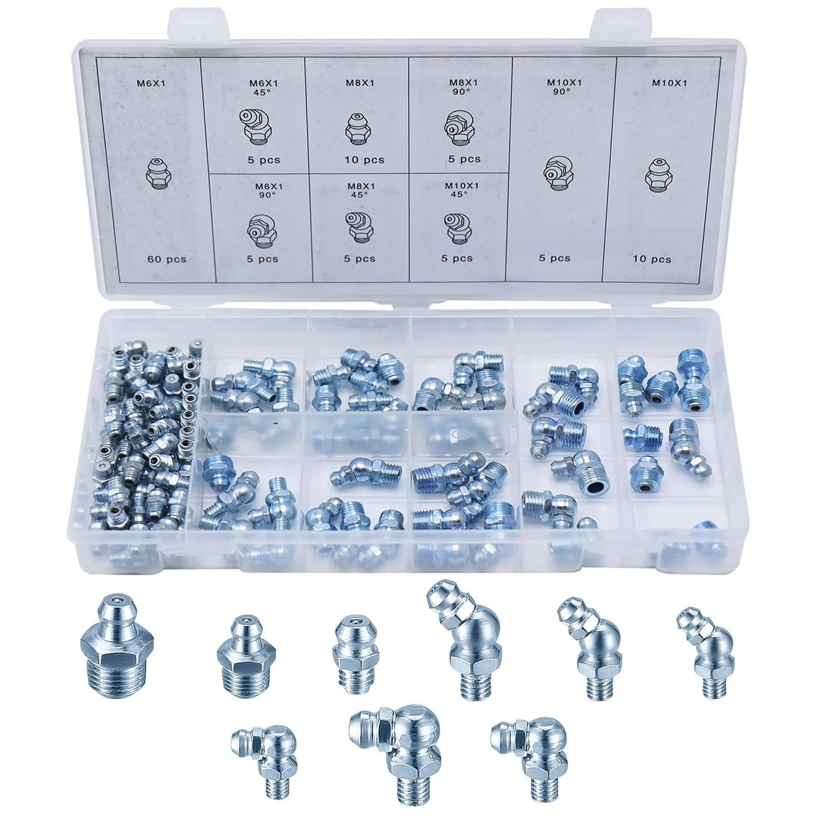 Aatpuss 110 Stück Schmiernippel，Schmiernippel Sortiment，Hydraulik Fettnippel，Schmiernippel Set M6 M8 M10 für Fettpresse, Gerader Hydraulik Fettnippel 45 ° 90 ° 180° mit Aufbewahrungsbox von Aatpuss