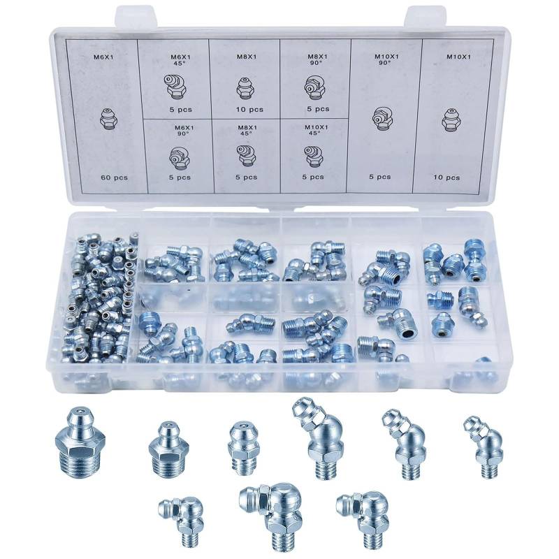 Aatpuss 110 Stück Schmiernippel，Schmiernippel Sortiment，Hydraulik Fettnippel，Schmiernippel Set M6 M8 M10 für Fettpresse, Gerader Hydraulik Fettnippel 45 ° 90 ° 180° mit Aufbewahrungsbox von Aatpuss