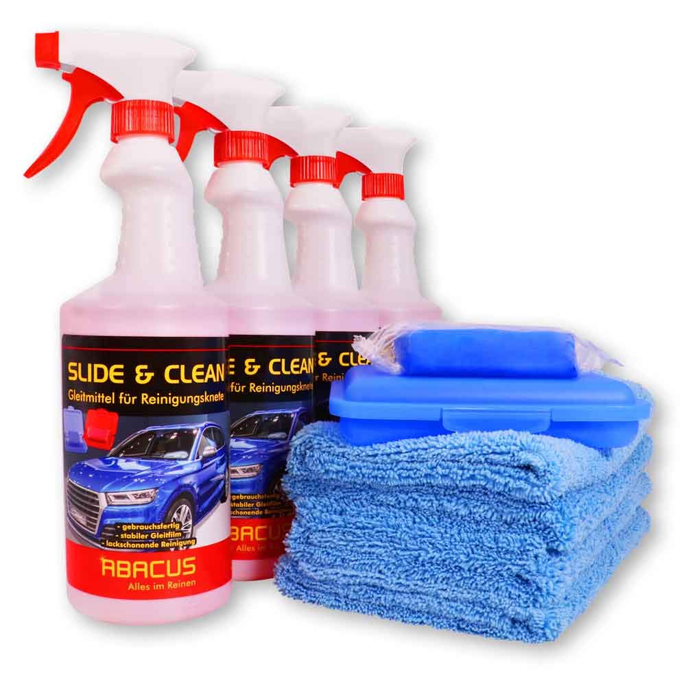 ABACUS® Reinigungsknete blau mittelstark mit 4X 750 ml Gleitmittel Slide & CLEAN und 4X Mikrofasertücher von ABACUS