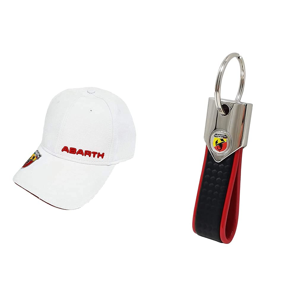 Abarth weißer Hut mit gebogenem Visier & offizieller Schlüsselanhänger, kohlefaser Look und rot von Abarth