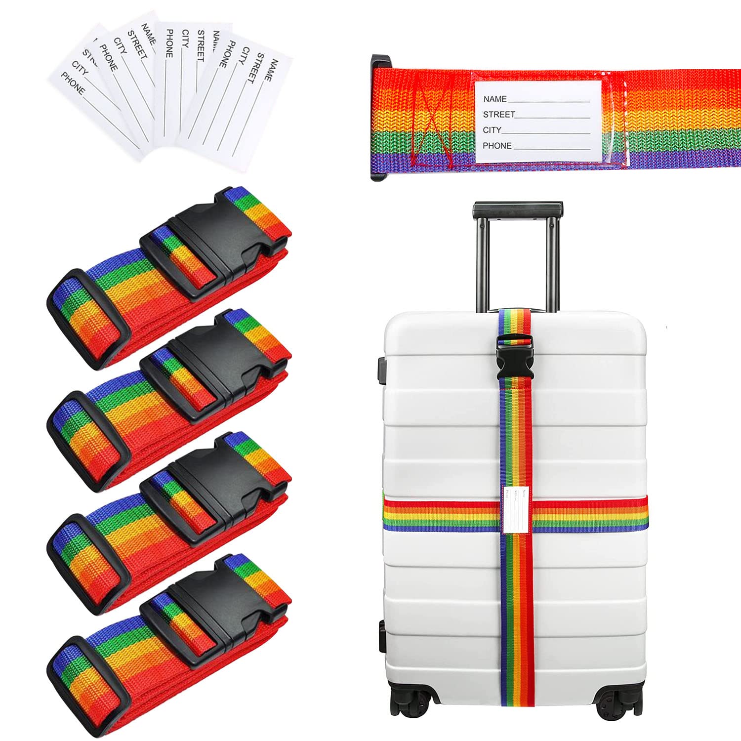 Abnaok Gepäckgurte, 4 Stück, personalisierte Koffergurte, verstellbare Reisepackgurte mit Schnellverschluss-Schnalle (Regenbogen) von Abnaok