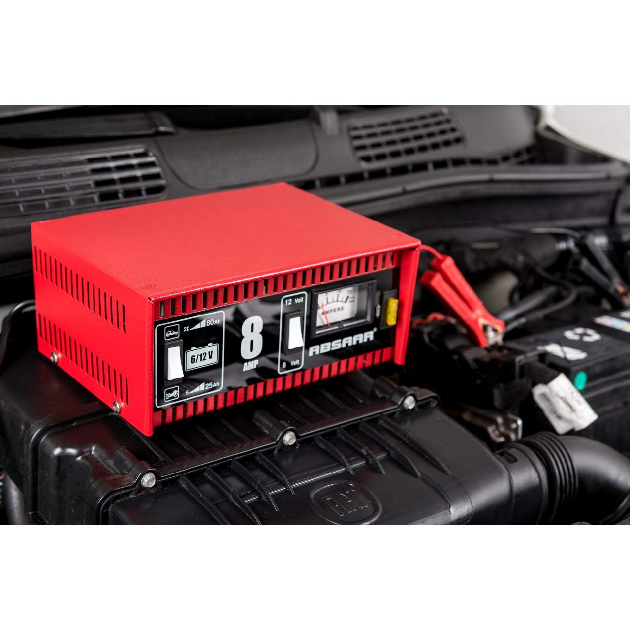 Absaar 77911 Batterie-Ladegerät für Auto/Motorrad 8A, umschaltbar 6/12V, rot/schwarz von Absaar