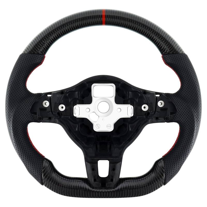 Acclcors Carbonfaser-Lenkrad, Lederlenkrad, D-förmiges Lenkrad mit flachem Boden und roten Nähten, perforierter Ledergriff für VW Volkswagen Golf MK6 2008-2014 von Acclcors