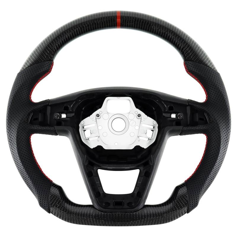 Acclcors Carbonfaser-Lenkrad, Lederlenkrad D-Form flacher Boden rote Nähte personalisiertes Lenkrad, perforierter Ledergriff für SEAT Cupra leon MK3 2013-2019 von Acclcors