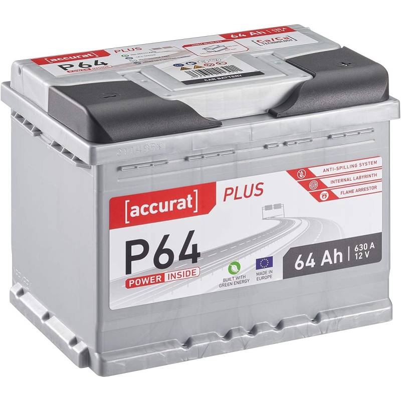Accurat Plus P64 Autobatterie - 12V, 64Ah, 630A, zyklenfest, wartungsfrei, 35% mehr Startleistung, Ca-Technologie, Kaltstartkraft - Starterbatterie, Nassbatterie, Blei-Säure Batterie von Accurat