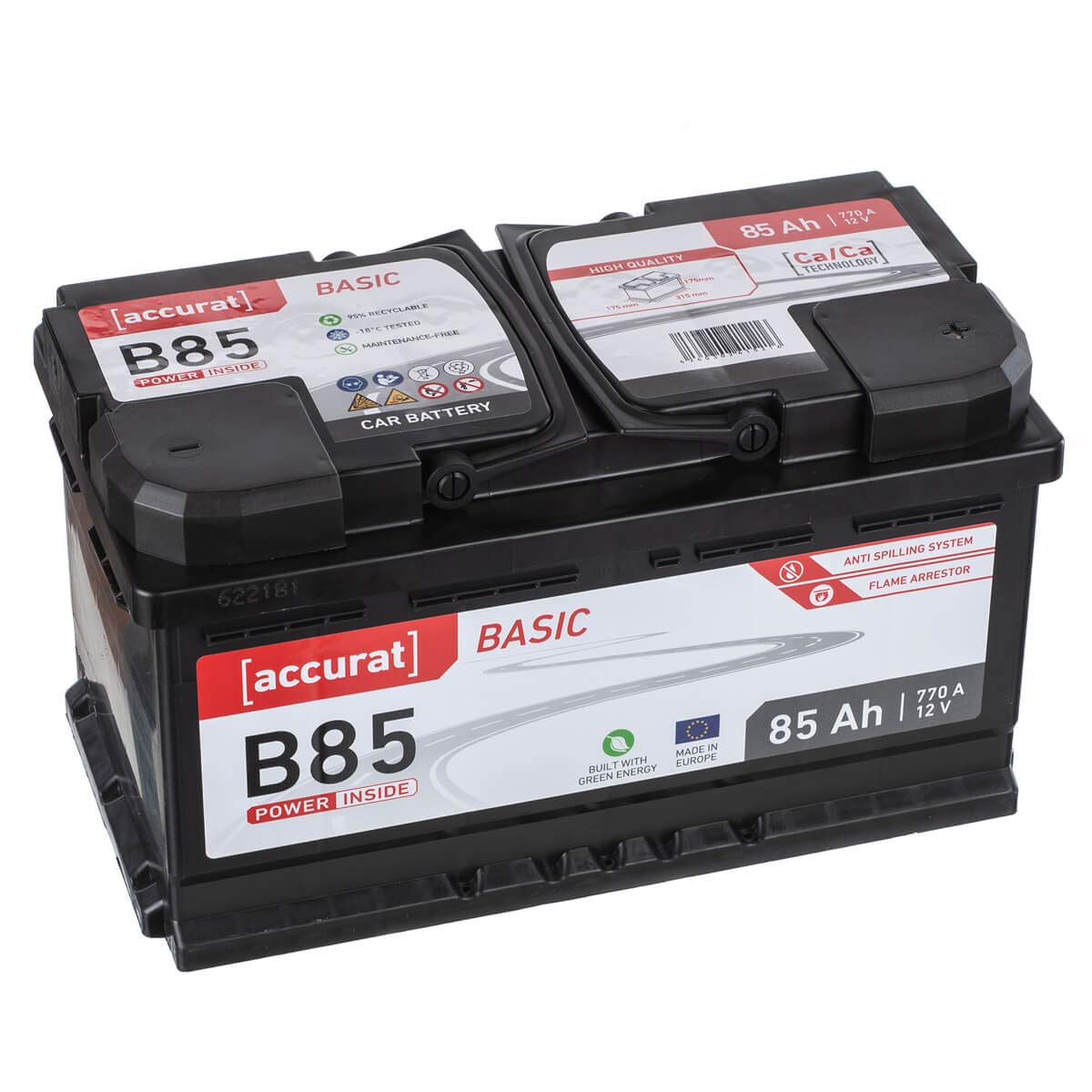 Accurat Basic B85 Autobatterie - 12V, 85Ah, 770A, zyklenfest, wartungsfrei, 30% mehr Startleistung, Ca-Technologie, Pluspol rechts- Starterbatterie, Nassbatterie, Blei-Säure Batterie von Accurat