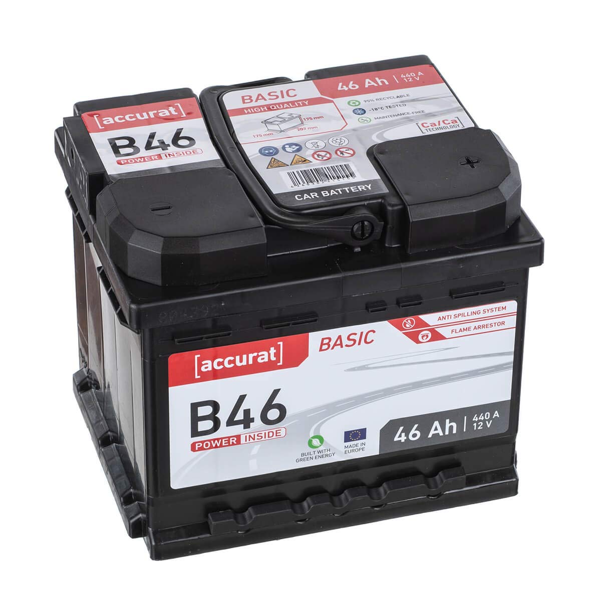 Accurat Basic B46 Autobatterie - 12V, 46Ah, 400A, zyklenfest, wartungsfrei, 30% mehr Startleistung, Ca-Technologie, Pluspol rechts - Starterbatterie, Nassbatterie, Blei-Säure Batterie von Accurat