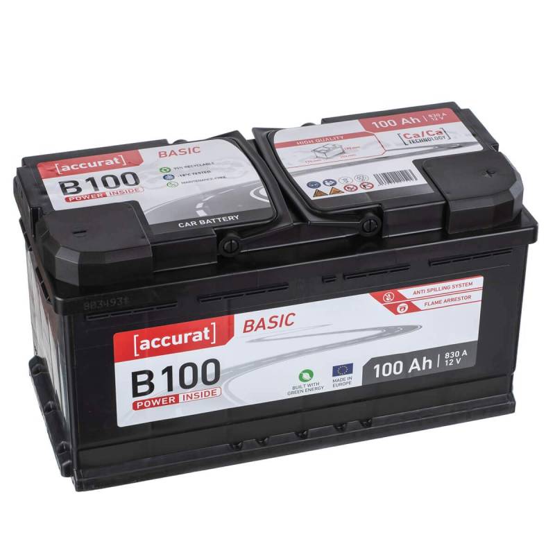 Accurat Basic B100 Autobatterie - 12V, 100Ah, 830A, zyklenfest, wartungsfrei, 30% mehr Startleistung, Ca-Technologie, Pluspol rechts- Starterbatterie, Nassbatterie, Blei-Säure Batterie von Accurat