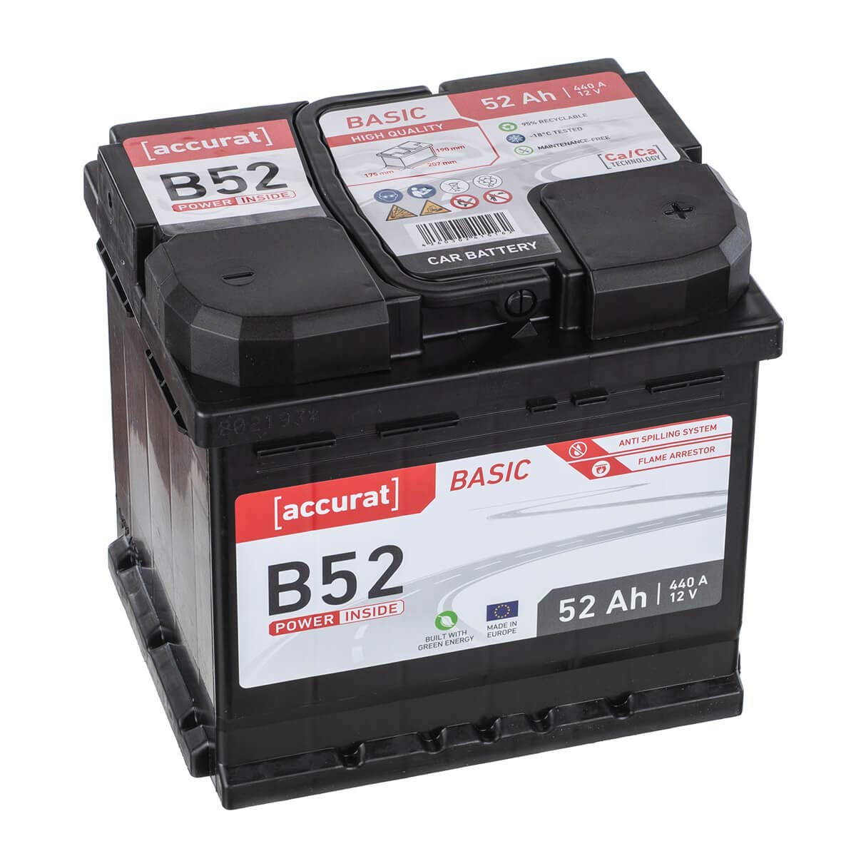 Accurat Basic B52 Autobatterie - 12V, 52Ah, 460A, zyklenfest, wartungsfrei, 30% mehr Startleistung, Ca-Technologie, Pluspol rechts- Starterbatterie, Nassbatterie, Blei-Säure Batterie von Accurat