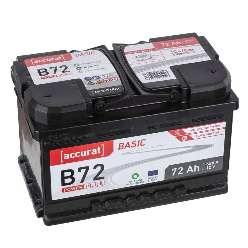 Accurat Basic B72 Autobatterie - 12V, 72Ah, 650A, zyklenfest, wartungsfrei, 30% mehr Startleistung, Ca-Technologie, Pluspol rechts- Starterbatterie, Nassbatterie, Blei-Säure Batterie von Accurat