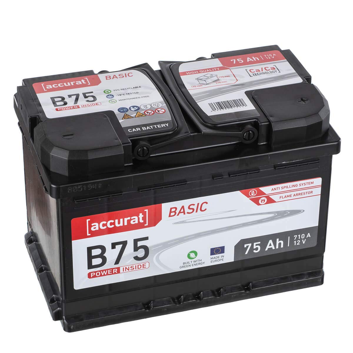 Accurat Basic B75 Autobatterie - 12V, 75Ah, 710A, zyklenfest, wartungsfrei, 30% mehr Startleistung, Ca-Technologie, Pluspol rechts- Starterbatterie, Nassbatterie, Blei-Säure Batterie von Accurat
