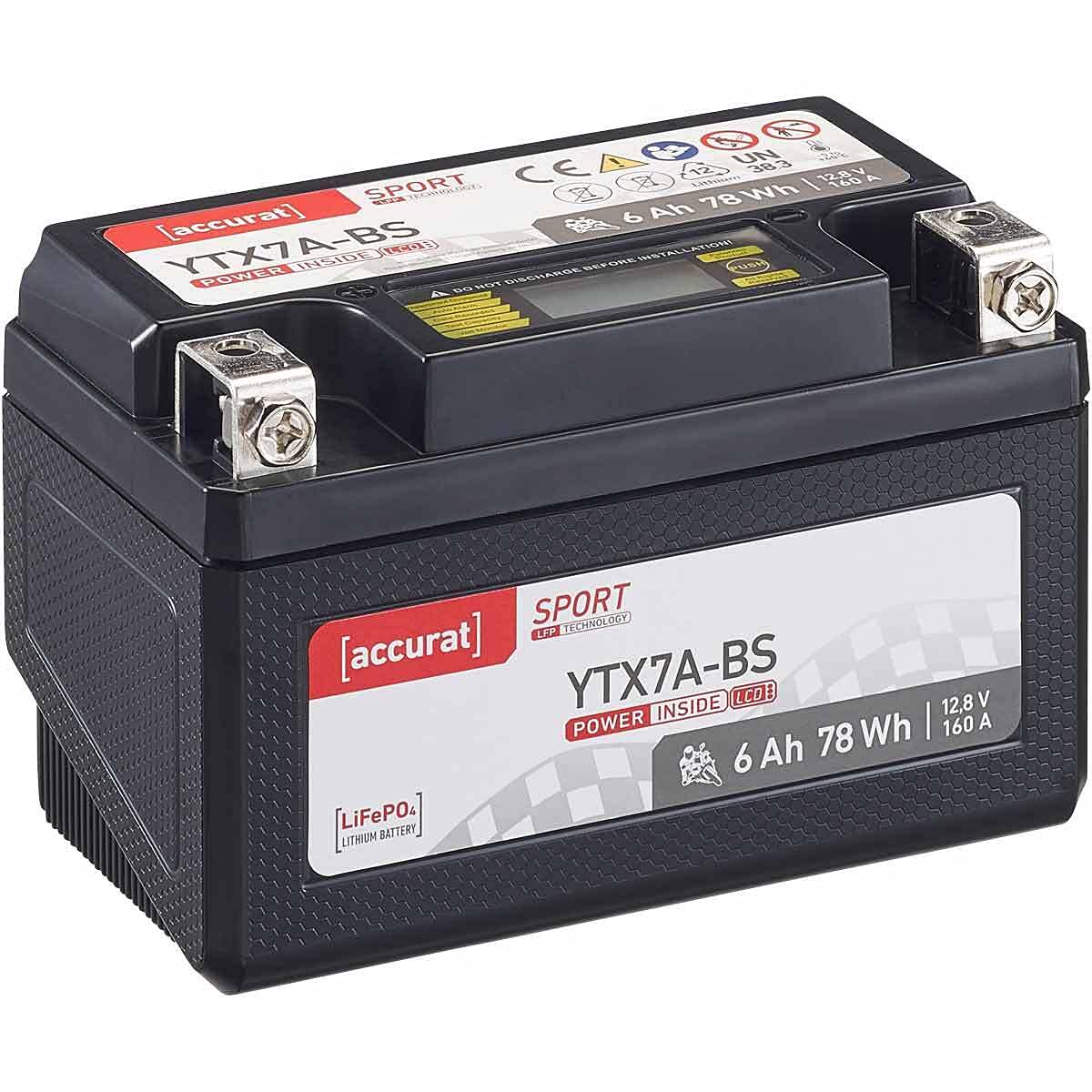 Accurat Motorradbatterie YTX7A-BS - 12V, 6Ah, 160A, vorgeladen, wartungsfrei, LCD Display - Starterbatterie, LiFePO4 Batterie in Erstausrüsterqualität für Rasentraktor, Roller, Motorrad, Quad von Accurat