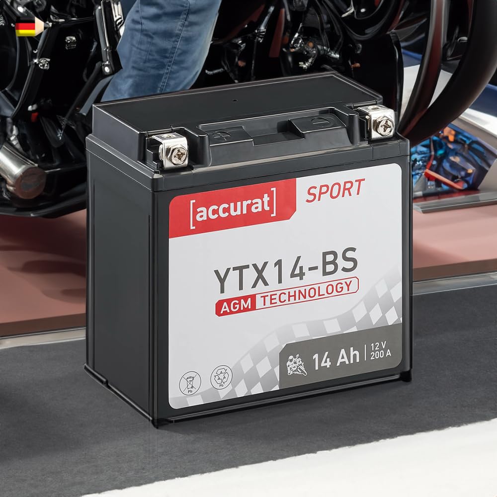 Accurat Motorradbatterie YTX14-BS - 12V, 14Ah, 200A, rüttelfest, wartungsfrei - Starterbatterie, AGM Batterie in Erstausrüsterqualität für Rasentraktor, Roller, Motorrad, Quad von Accurat