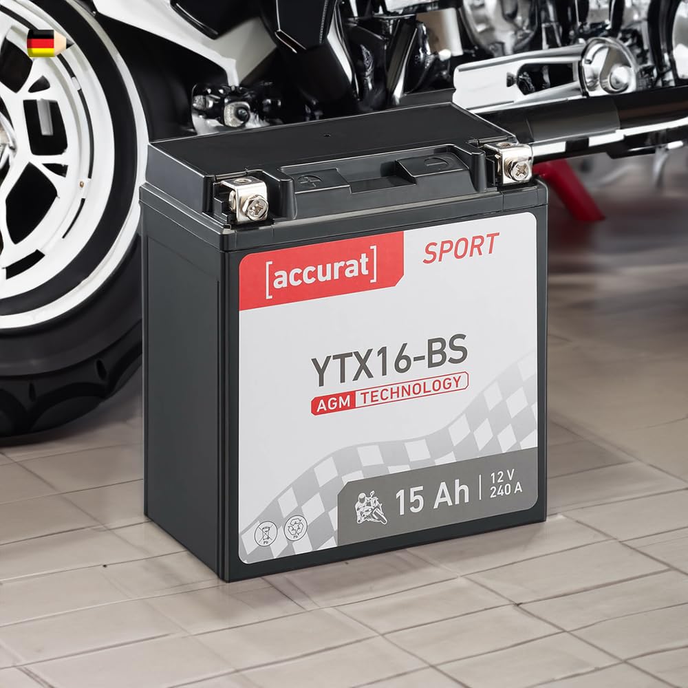 Accurat Motorradbatterie YTX16-BS - 12V, 15Ah, 240A, rüttelfest, wartungsfrei - Starterbatterie, AGM Batterie in Erstausrüsterqualität für Rasentraktor, Roller, Motorrad, Quad von Accurat
