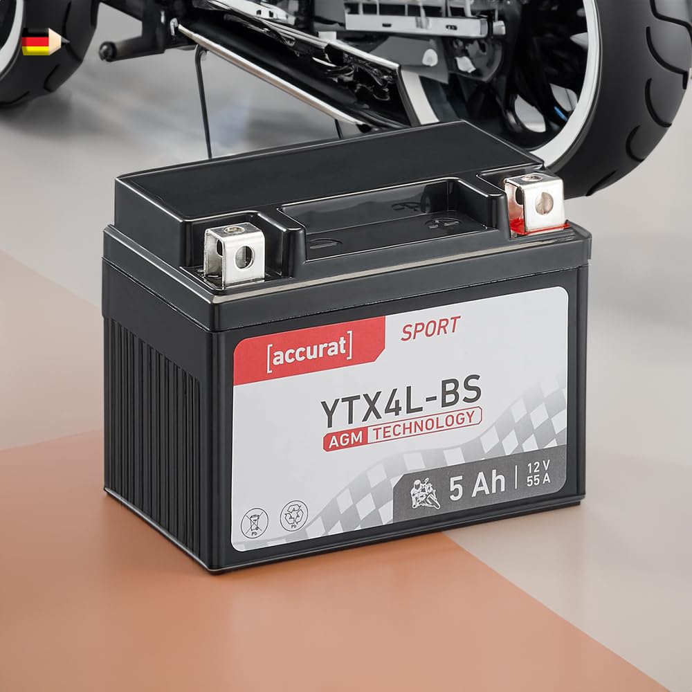 Accurat Motorradbatterie YTX4L-BS - 12V, 4Ah, 55A, rüttelfest, wartungsfrei - Starterbatterie, AGM Batterie in Erstausrüsterqualität für Rasentraktor, Roller, Motorrad, Quad von Accurat