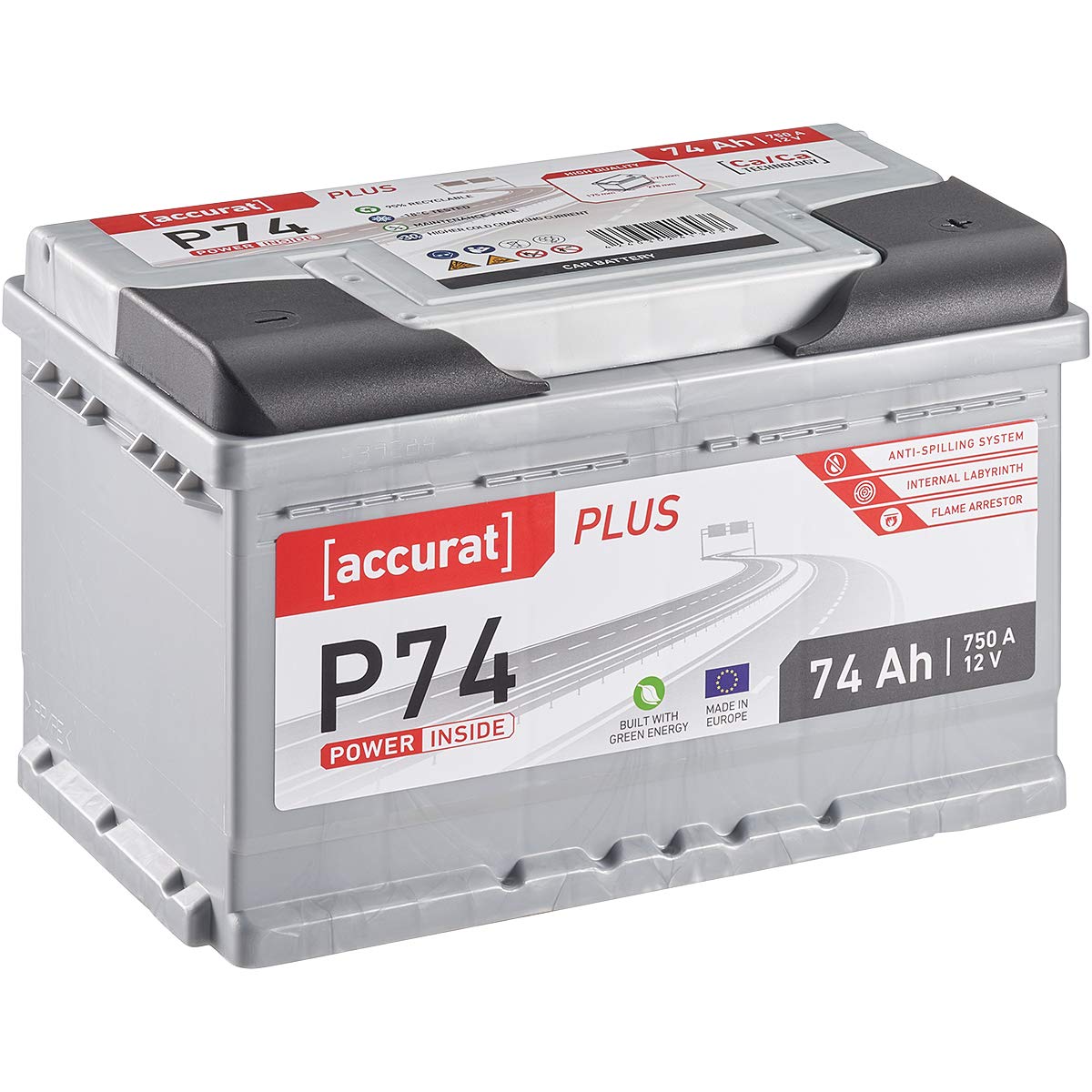 Accurat Plus P74 Autobatterie - 12V, 74Ah, 750A, zyklenfest, wartungsfrei, 35% mehr Startleistung, Ca-Technologie, Kaltstartkraft - Starterbatterie, Nassbatterie, Blei-Säure Batterie von Accurat