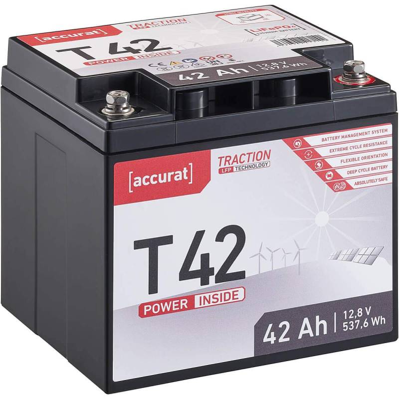 Accurat Traction LiFePO4 Batterie T42-12V, 42Ah - Lithium-Eisenphosphat Versorgungsbatterie, Bootsbatterie, Solarbatterie für Wohnwagen, Wohnmobil, Camper von Accurat