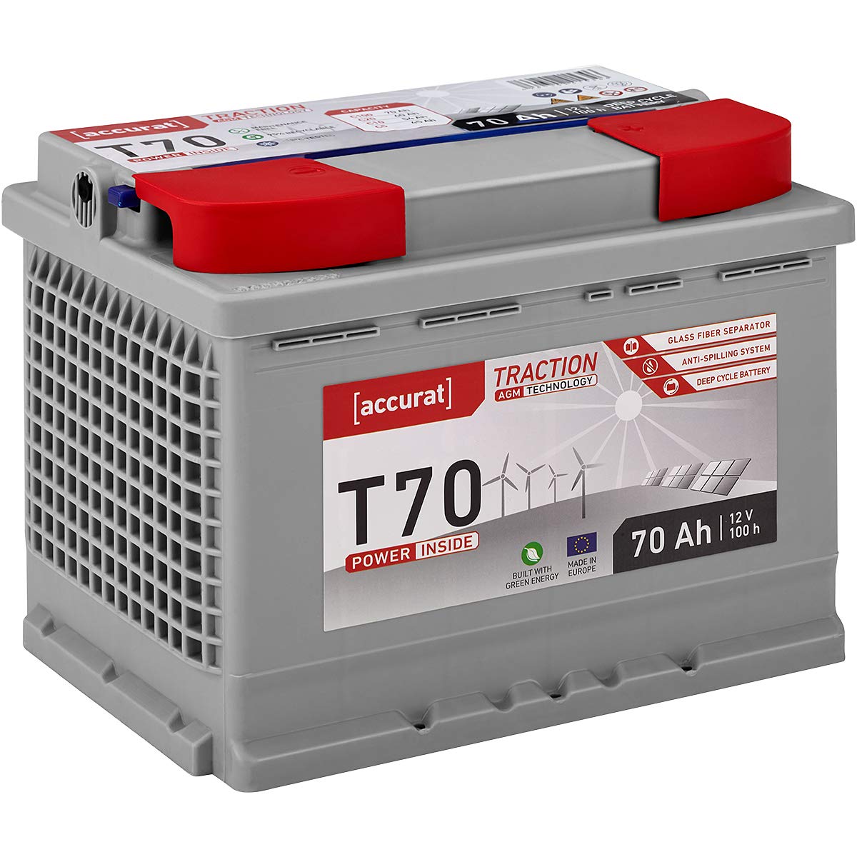 Accurat Traction T70 AGM Batterie - 12V, 70Ah, zyklenfest, bis 30% mehr Kapazität - VRLA Versorgungsbatterie, Bootsbatterie, Solarbatterie für Wohnwagen, Wohnmobil, Camper von Accurat