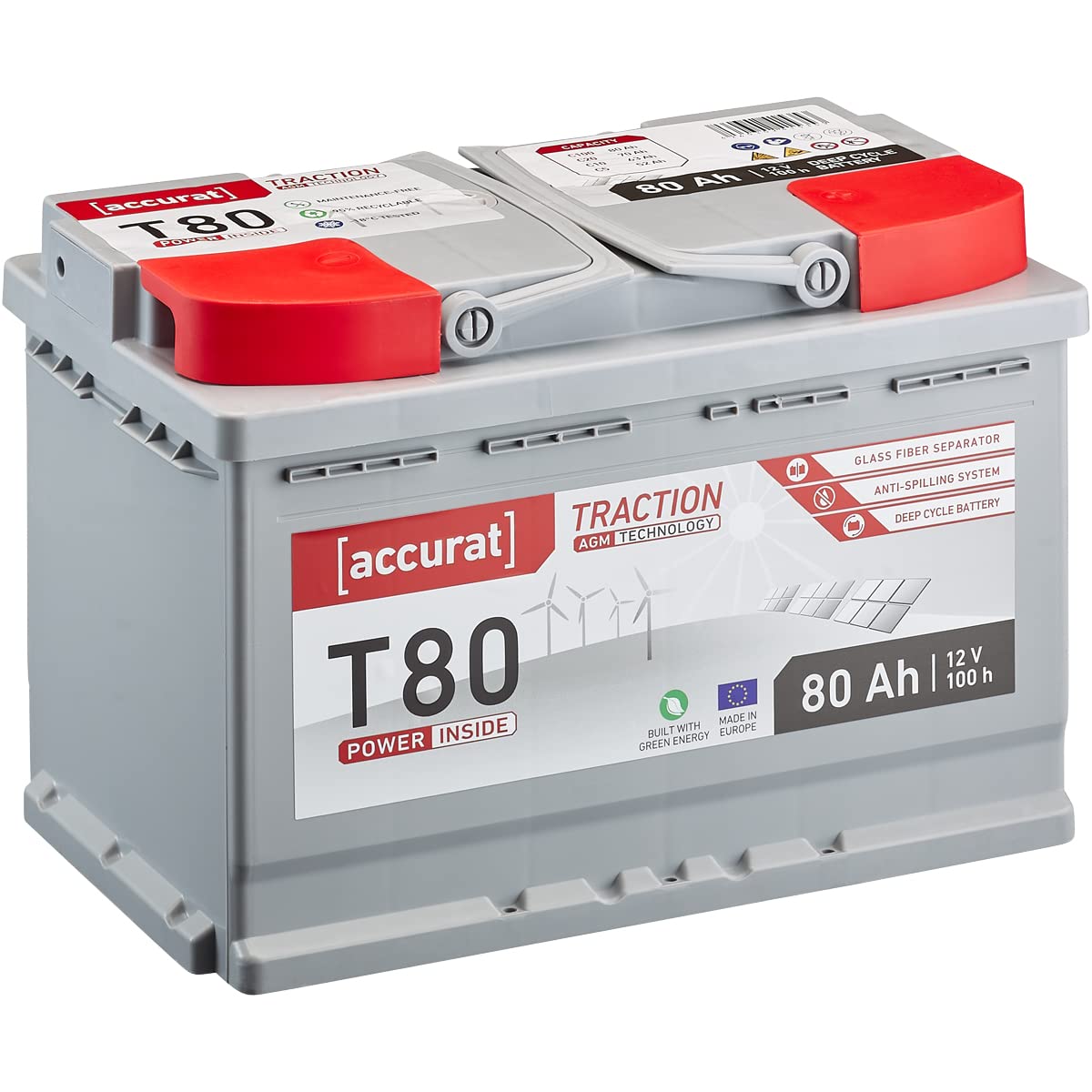 Accurat Traction T80 AGM Batterie - 12V, 80Ah, zyklenfest, bis 30% mehr Kapazität - VRLA Versorgungsbatterie, Bootsbatterie, Solarbatterie für Wohnwagen, Wohnmobil, Camper von Accurat