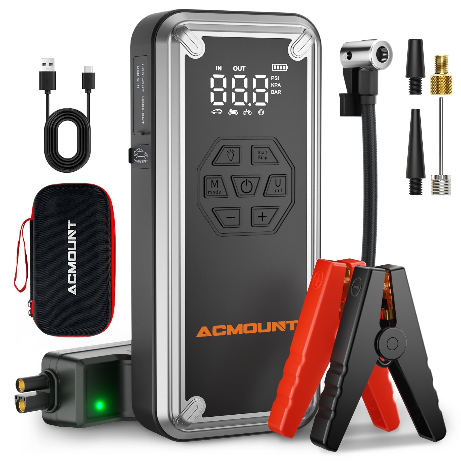 Acmount 5000A Starthilfe Power Pack mit Luftkompressor 150PSI, tragbarer Autobatterie-Booster (9,0 Gas/8,0 l Diesel), LCD-Display, Starthilfe-Powerbank, Notfall-LED-Licht von Acmount