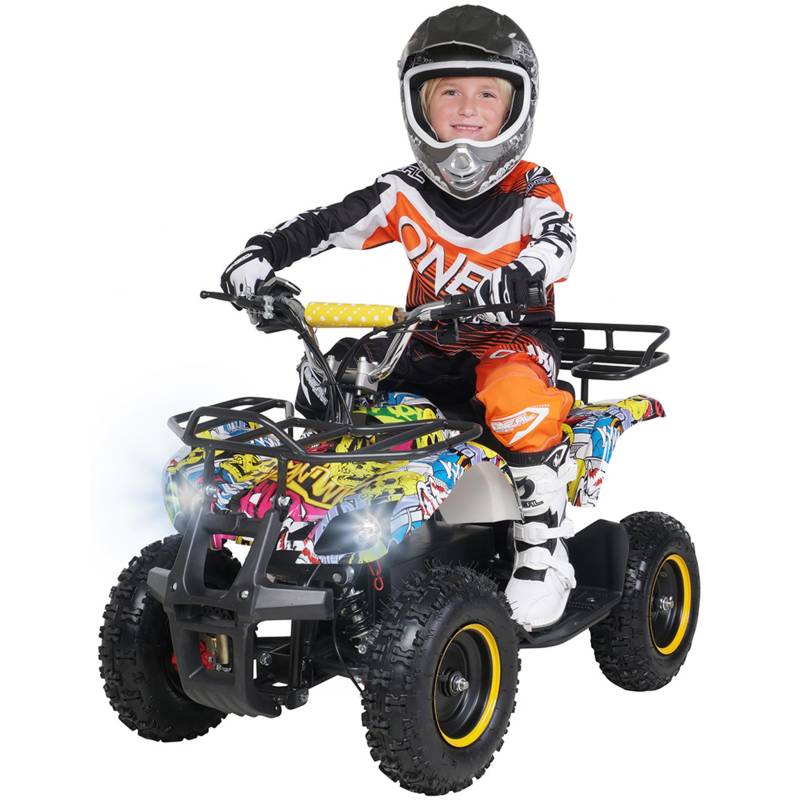 Actionbikes Motors Kinder Quad Elektro ATV Torino | 𝟑𝟔 Volt 𝟭𝟬𝟬𝟬 Watt Motor bis 𝟐𝟓 km/h - Kinderquad - Pocket Quad - Safety Fußschalter - Miniquad - Für Kinder ab 6 Jahren (Gelb Graffiti) von Actionbikes Motors