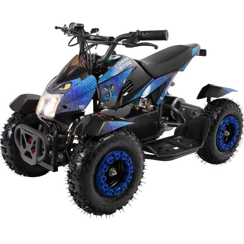 Actionbikes Motors Kinder Quad Elektro ATV Cobra | 𝟑𝟔 Volt 𝟖𝟎𝟎 Watt Motor bis 𝟑𝟎 km/h - Kinderquad - Pocket Quad - Safety Touch Fußschalter - Miniquad - Für Kinder ab 6 Jahren (Schwarz/Blau) von Actionbikes Motors