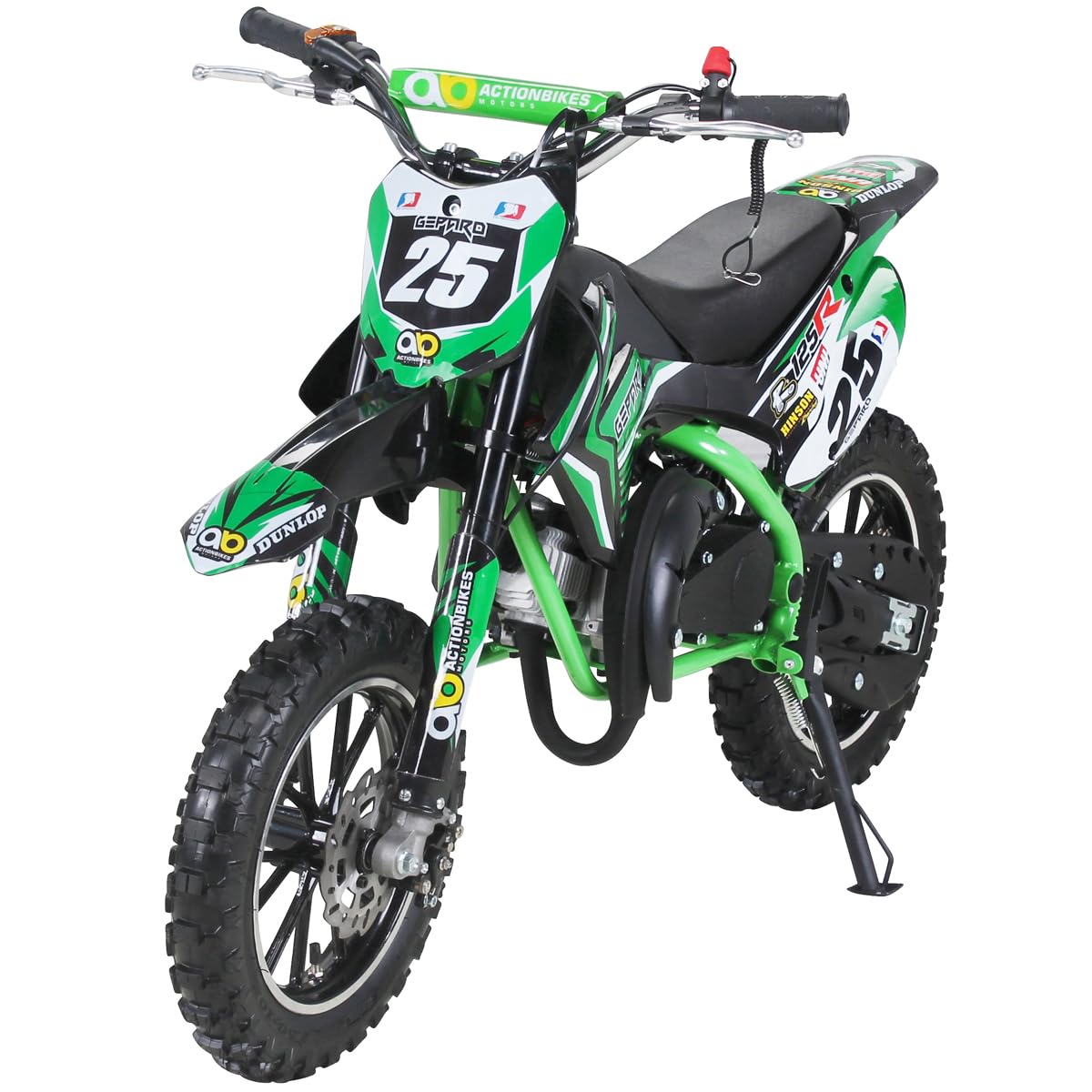 Actionbikes Motors Kinder Crossbike Gepard 2-Takt 49ccm | Bis 35 Km/h - 2 Liter Tank - Tuning Kupplung - Easy Pull Start - Scheibenbremsen - Motorrad - Motocross - Dirtbike - Enduro (Grün) von Actionbikes Motors