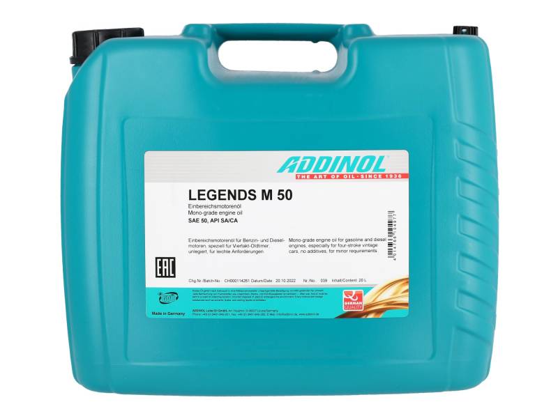 ADDINOL M50 OLDTIMER - MOTORENÖL, (SAE Klasse 50 // Viskosität 20,5), mineralisch, 20 L Kanister von Addinol
