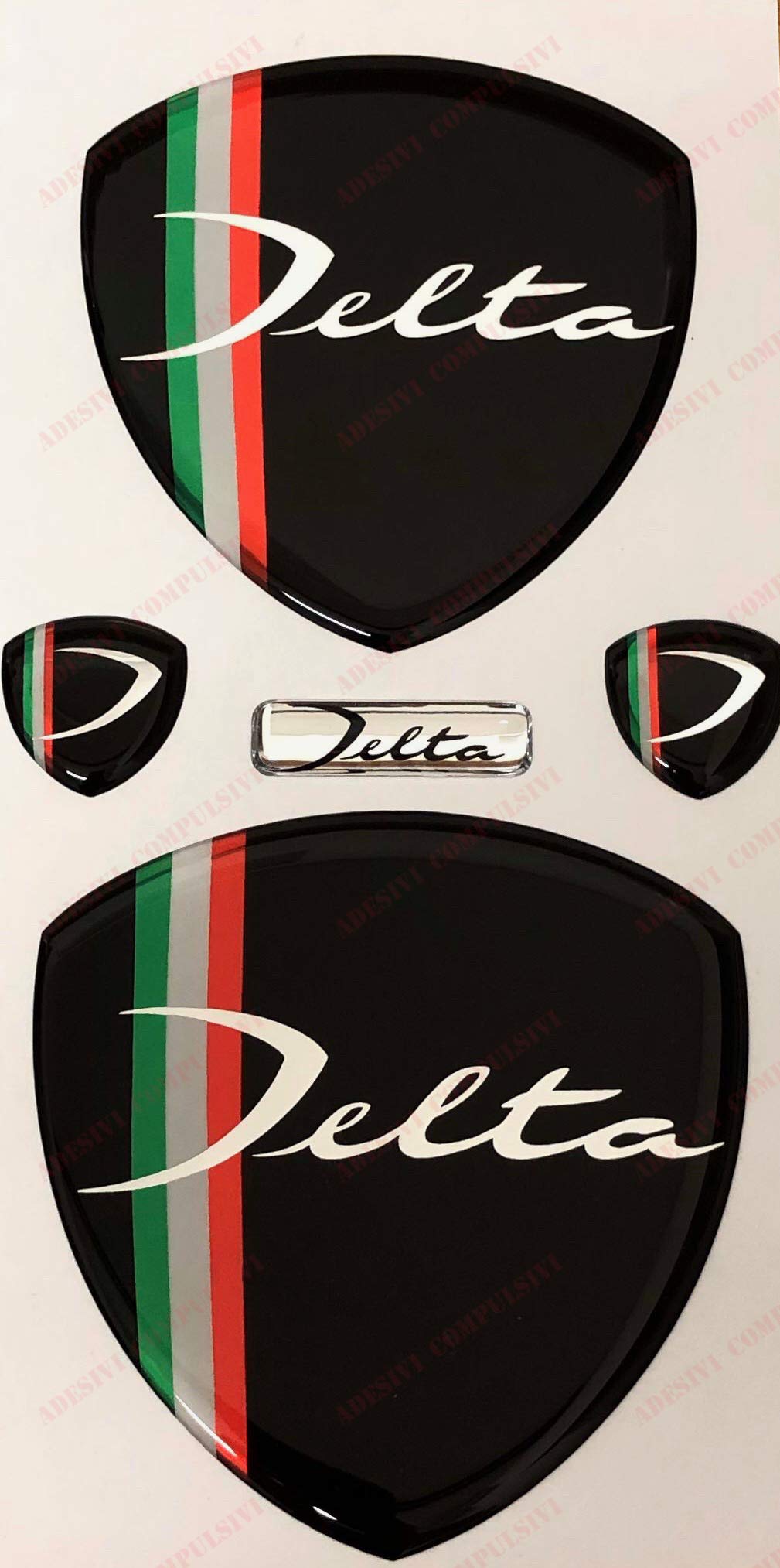 Delta Logo vorne hinten + 2 Seitenwappen für Motorhaube und Kofferraum Harzkleber, 3D-Effekt Fregi Schwarz & dreifarbig von Adesivi Compulsivi