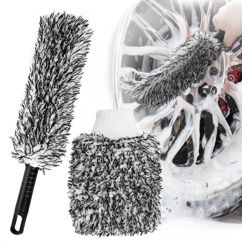 AdrreyuFny Felgenbürste Auto, Mikrofaser Biegbar Felgenreiniger Bürste mit Waschhandschuh Auto Waschen Set, Felgen Bürste für Schonende Reinigung Verschiedene Felgentypen - Schwarz von AdrreyuFny