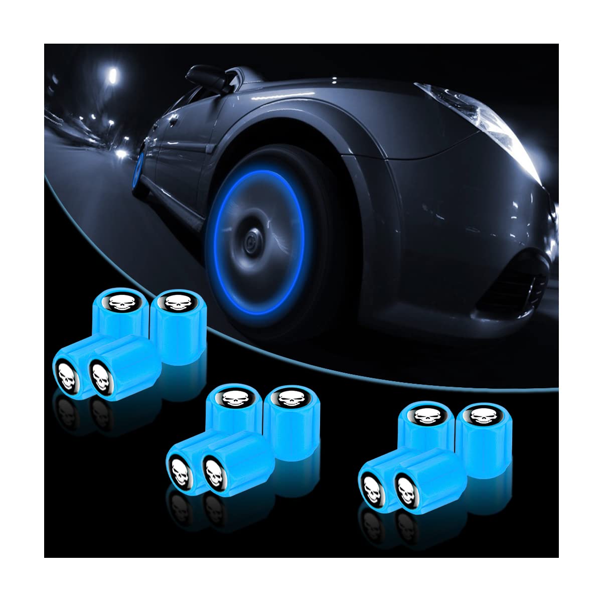 Adunsiaoto 12 Stück Luminous Tyre Valve Caps, Fluoreszierende Autoreifen Ventilkappen, Autoventil Kappe Leuchtend, Noctiluzous Auto-Reifenventilkappen(Blau) von Adunsiaoto