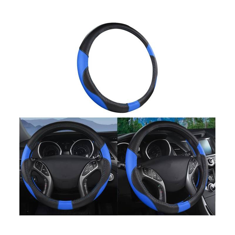 Adunsiaoto Auto Lenkradabdeckung Leder, Auto Lenkradabdeckung Mit Zweifarbiger Spleißung, Universell Automobil Lenkradbezug Leder Carbonfaser Sportschutzband(Schwarz Blau) von Adunsiaoto