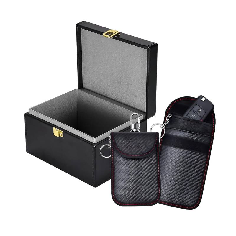 Adunsiaoto Autoschlüssel Box, Abschirmung Schlüsseltasche, RFID Autoschlüssel Schutz Tasche, Leder Anti-Diebstahl Schutz RFID Signal Blocking Box, Autoschlüssel Signalblocker & Pouches Value Bundle von Adunsiaoto