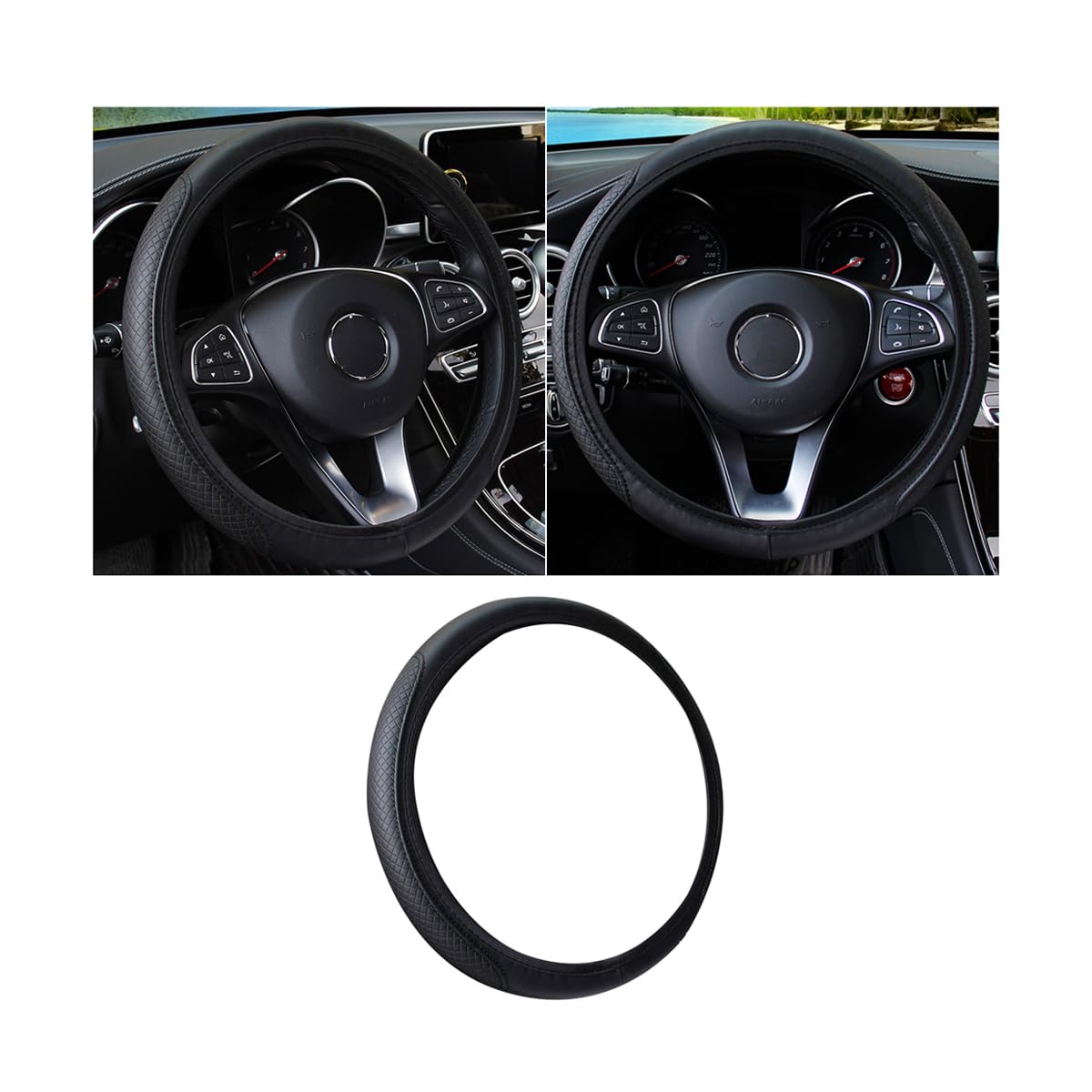 Adunsiaoto Langlebige Leder Lenkradabdeckung Ohne Geruch, Elastisches Band Ohne Innenring Lenkradabdeckung, Atmungsaktive Anti-Rutsch-Lenkradabdeckung Leder(Schwarz) von Adunsiaoto