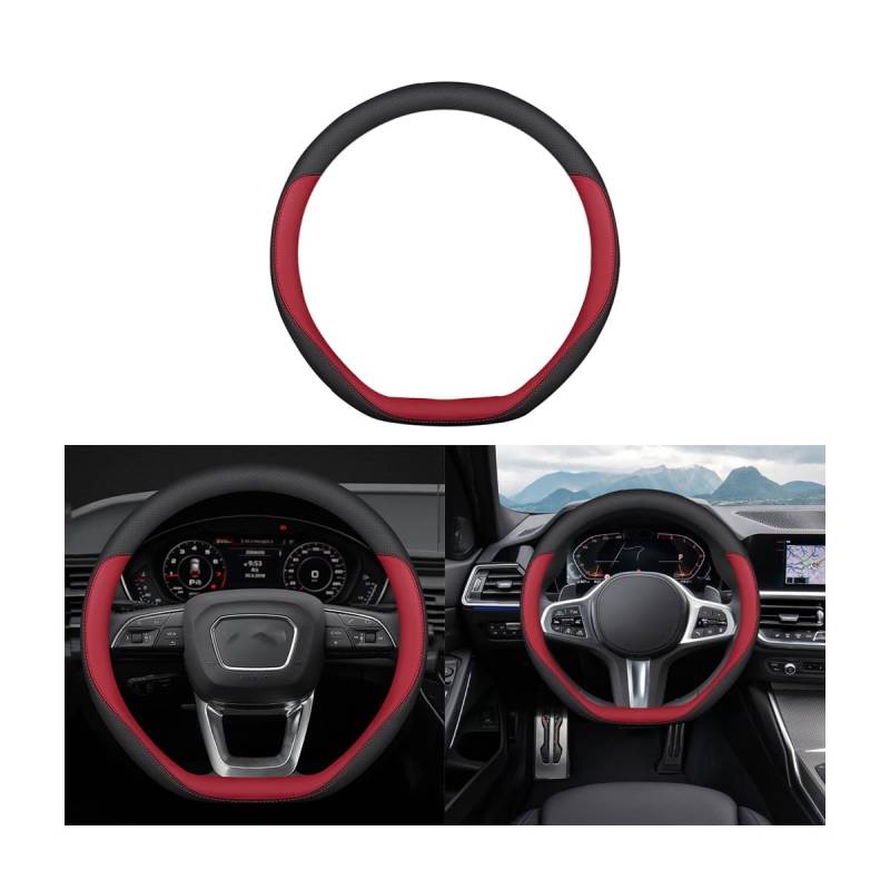 Adunsiaoto Universal Lenkradbezug Auto, Neueste Nappa Auto Lenkrad Abdeckung, Nappa Leder Perforiert Gespleißt Automobil Lenkrad Abdeckung Gummi Innenring(Rot) von Adunsiaoto