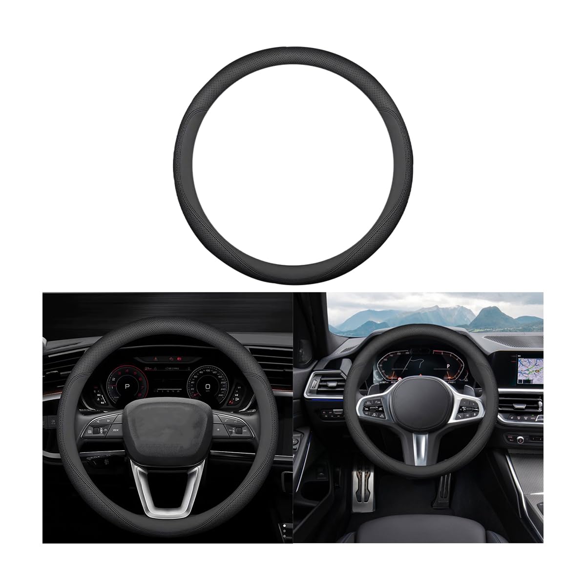 Adunsiaoto Universal Lenkradbezug Auto, Neueste Nappa Auto Lenkrad Abdeckung, Nappa Leder Perforiert Gespleißt Automobil Lenkrad Abdeckung Gummi Innenring(Schwarz) von Adunsiaoto