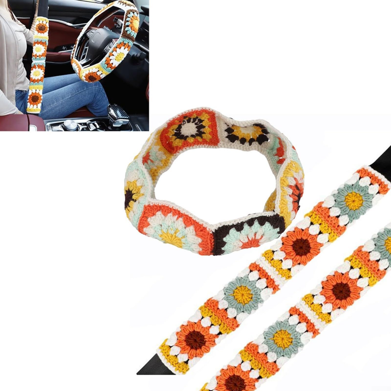 Advokingtap Auto-Lenkradbezug gehäkelt, Sonnenblumen-Muster, Lenkradbezug, passend für 35,6-38,1 cm Lenkräder für Limousinen, SUVs und MPVs Advokingtap Auto-Lenkradbezug gehäkelt, Sonnenblumen-Muster, Lenkradbezug, passend für 35,6-38,1 cm Lenkräder für Limousinen, SUVs und MPVs von Advokingtap