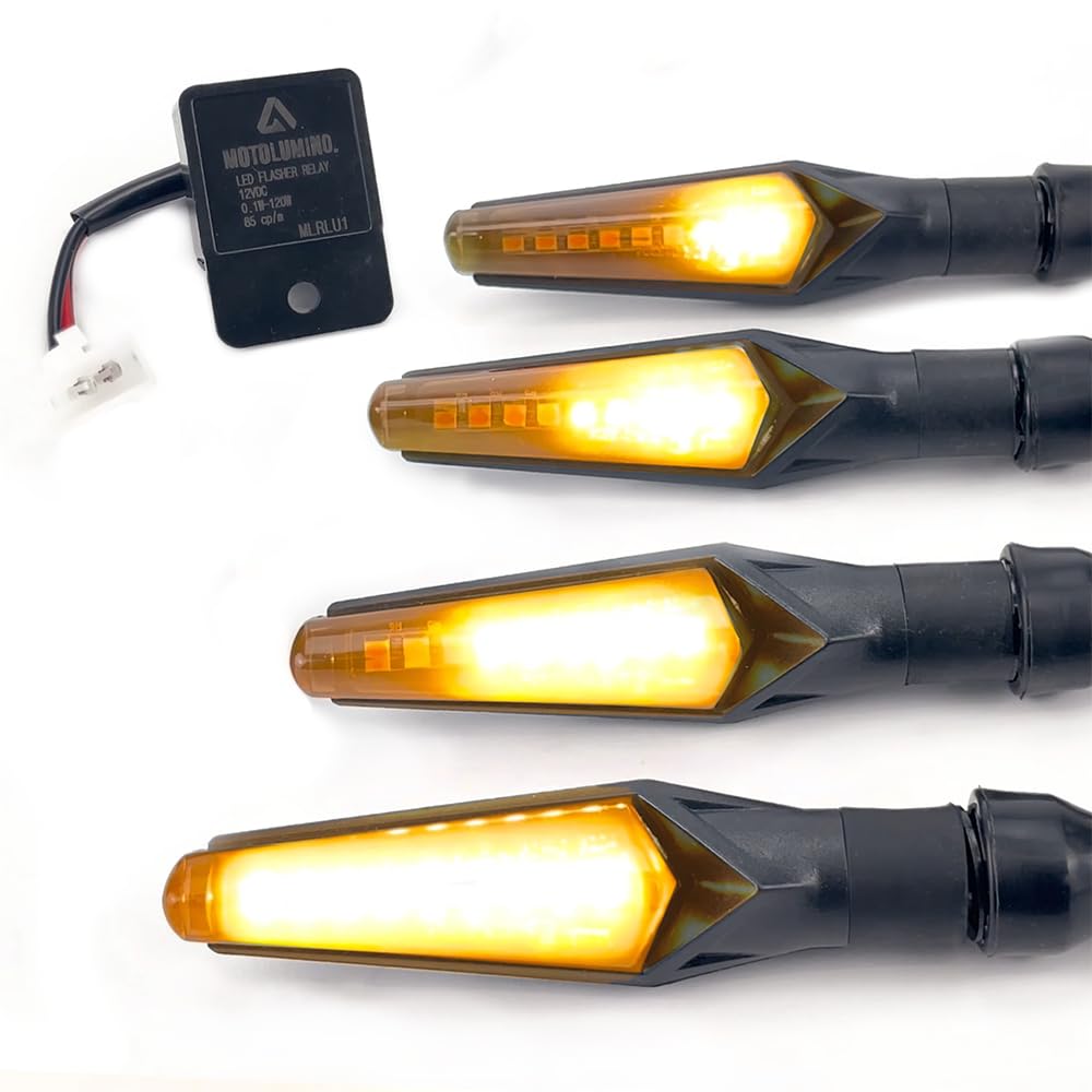 Aharon Motolumino LED Sequenzielle Fließende Lauflichtblinker | 4er-Pack (2 Paar) + Relais| Super-hell Getönt | Motorrad/Moped Blinker | E-Kennzeichnung | Wasserdichter Motorradblinker von Aharon