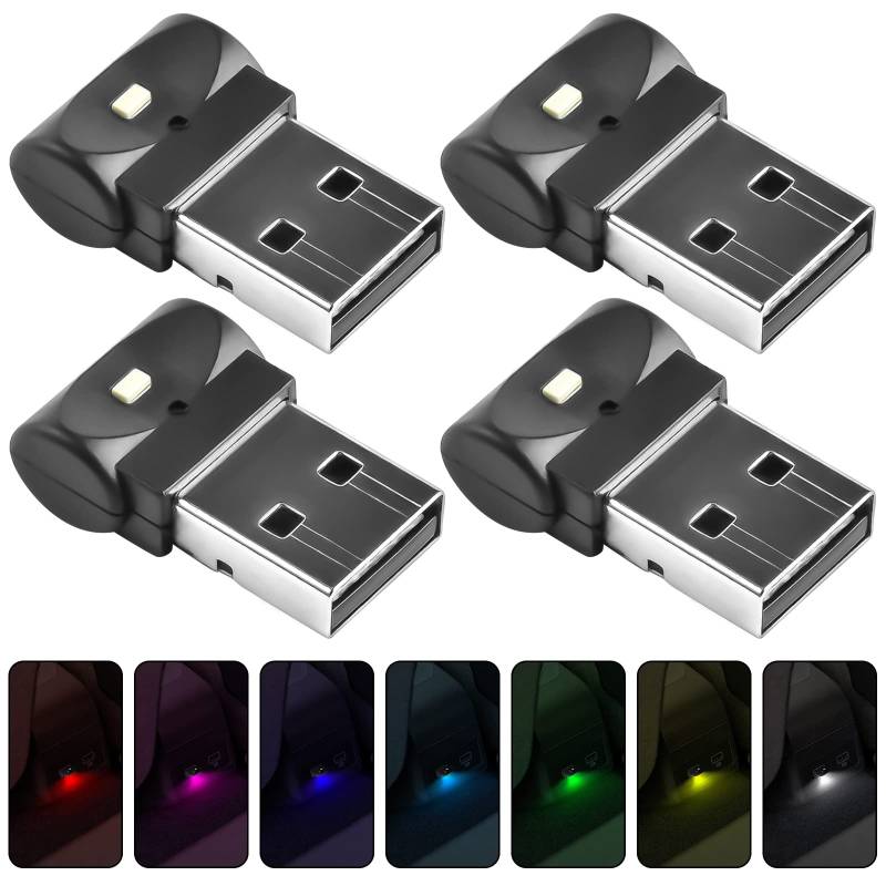Aicharynic USB Auto LED Innenbeleuchtung - 4 Stück Mini Licht, 6 Farben Einstellbar, Ambientebeleuchtung für Auto, Laptop, Mobile Stromversorgung von Aicharynic