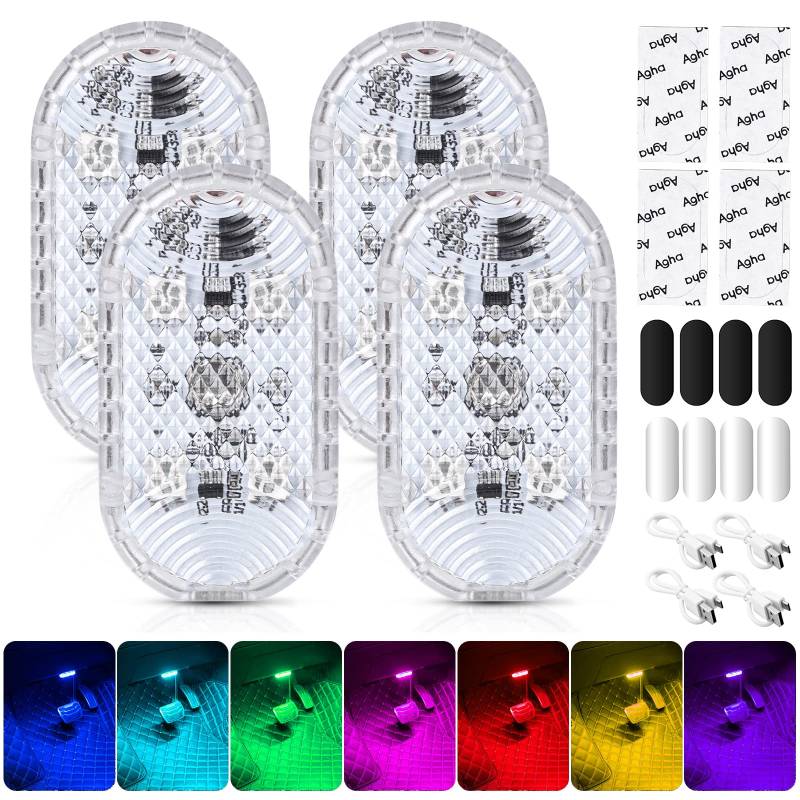 Aicharynic Auto-LED-Innenbeleuchtung, 4 Stück, magnetisches LED-Touch-Licht, RGB, 7 Farben, verstellbare Innenraum-Umgebungsbeleuchtung für Auto, wiederaufladbar, mobiles USB-Touch-Autozubehör, Innen- von Aicharynic