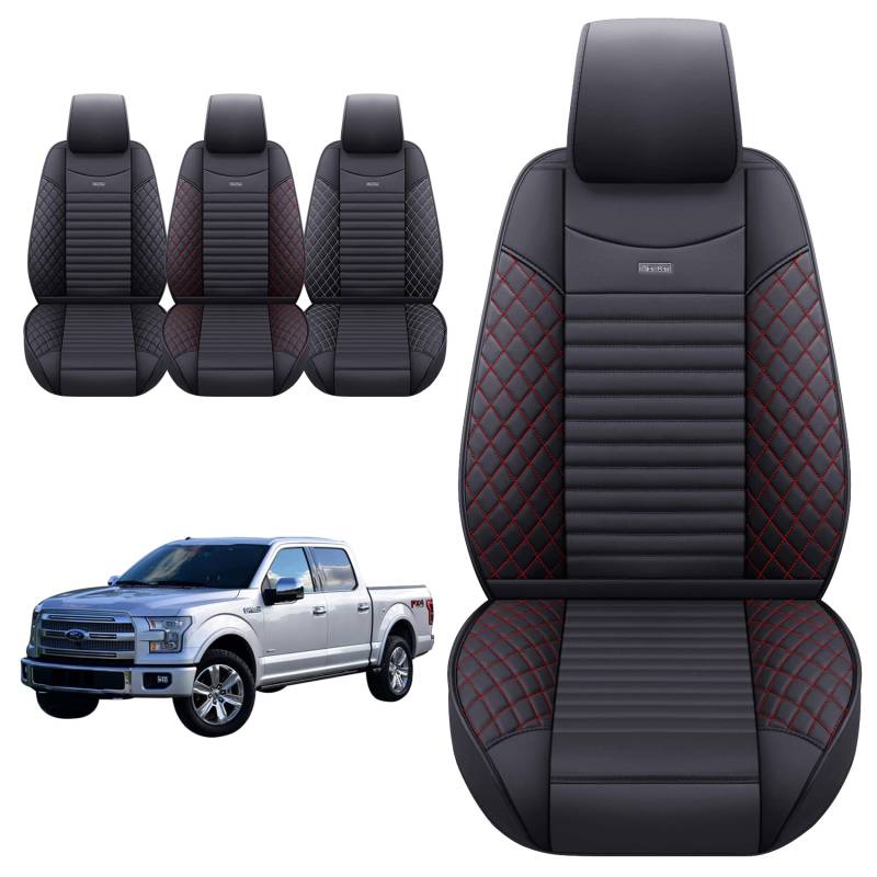 Aierxuan 2 Vordersitzbezüge 2015–2020 Ford F150 LKW-Sitzbezüge, wasserdicht, Leder, maßgefertigte Passform für 2017–2020 F250 F350 F450 (2 Stück vorne, schwarz-rot) von Aierxuan