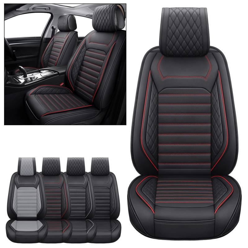 Aierxuan Vordersitzbezüge, universell passend für Rogue Murano Pathfinder Armada Sentra Xterra Frontier Titan Versa Maxima wasserdichte Lederschoner Anti-Rutsch-Kissen (2 Stück vorne, schwarz-rot) von Aierxuan
