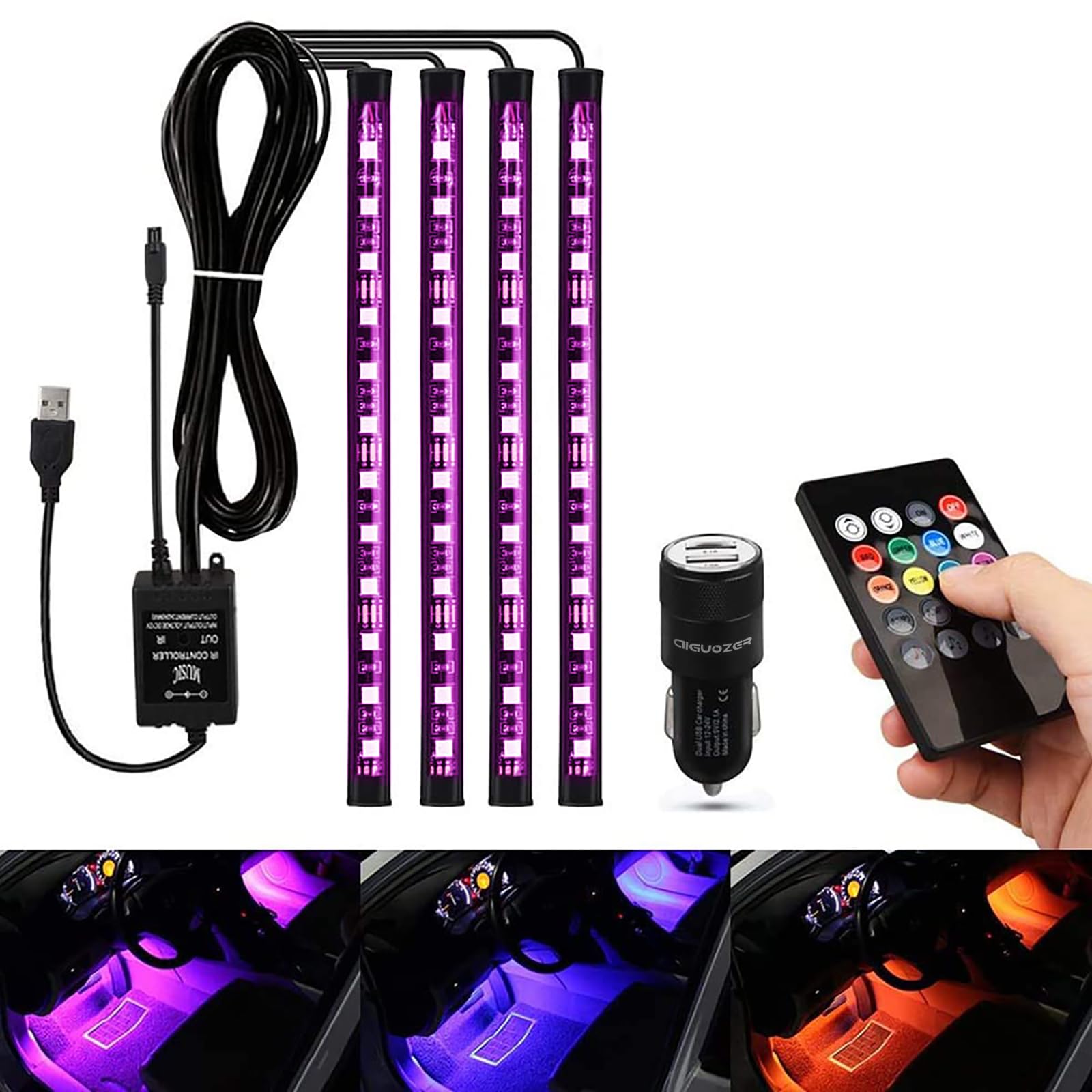 Auto LED Fußraumbeleuchtung, AIGUOZER Auto LED Innenraumbeleuchtung Streifen RGB Fußraum Beleuchtung Ambientebeleuchtung Auto Innenraum Strip Atmosphäre Licht mit USB-Port und Fernbedienung von Aiguozer